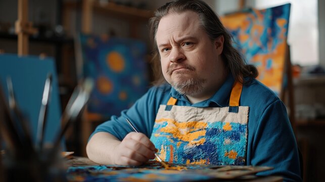 Painter with Down syndrome creating abstract art in bright studio