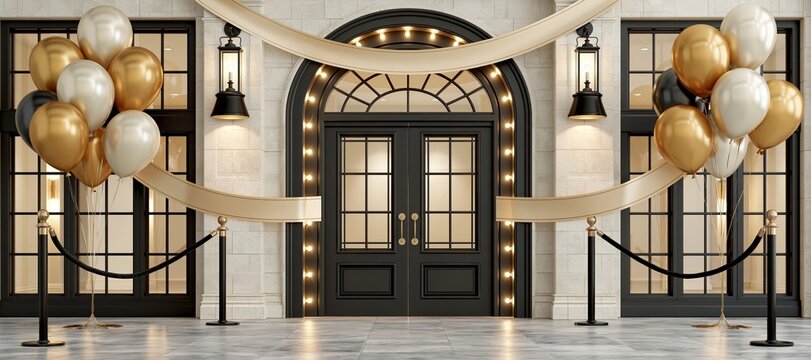 Luxury grand opening entrance with velvet ropes, gold and silver balloons, and ceremonial ribbon