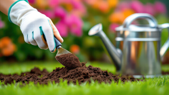 Garden glove planting seedling in soil outdoors