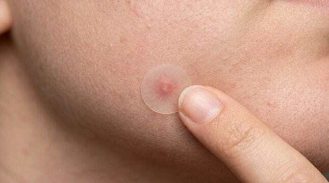 Person applying circular hydrocolloid pimple patch on cheek