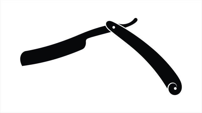 A classic straight razor with an open blade depicted as a stark black silhouette shaving barber