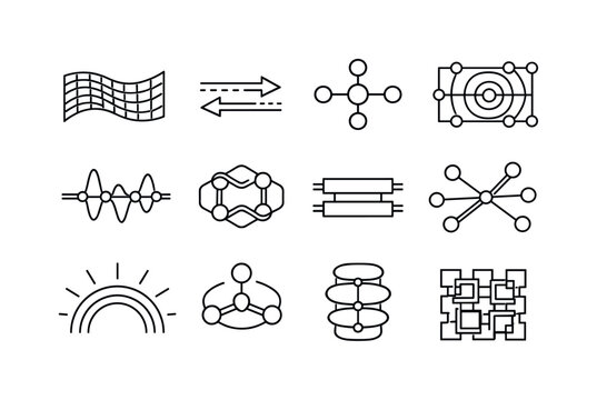 Cryptocurrency Icon Grid. Line style vector icons of cryptocurrency blockchain mining and validation: modulation mesh, transition