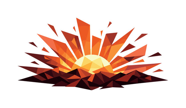 Geometric sunrise over abstract mountains with vibrant orange and red rays