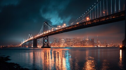 Fototapeta premium Long exposure night scene of an urban bridge with light trails and shimmering water