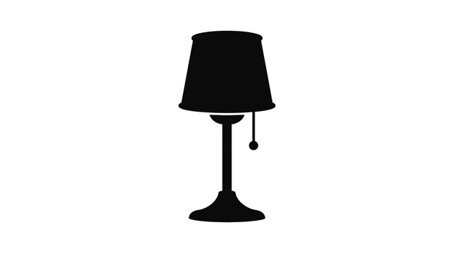 A black silhouette of a table lamp with a flared shade and hanging pull chain silhouette