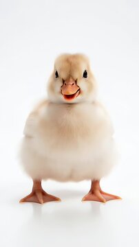 Cute fluffy yellow duckling walking on white background. Professional vertical studio footage for animal content.
