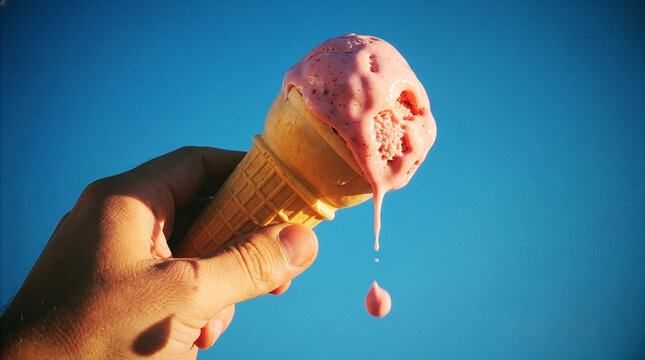 Close up of a hand holding a melting strawberry ice cream cone against a clear blue sky on a hot summer day