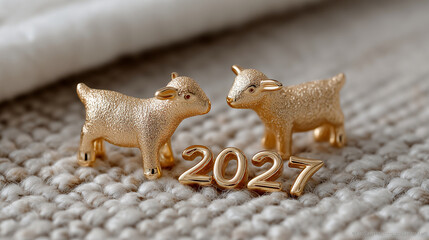 Fototapeta premium Two golden goat figurines face each other. They stand beside gold 