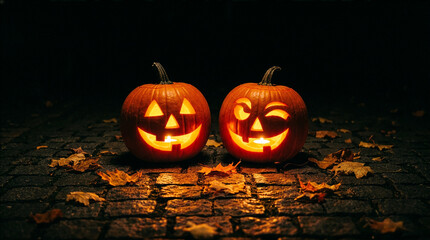 Two glowing jack o lanterns with carved faces and candles sit on a cobblestone path surrounded by autumn leaves at night © Studio Fiuza
