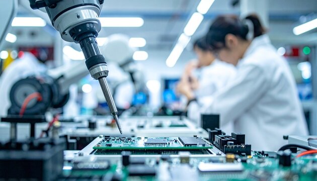 A robotic arm precisely assembling a printed circuit board in a modern laboratory setting. The scene is illuminated with cool blue and white lights, highlighting the technological advancements