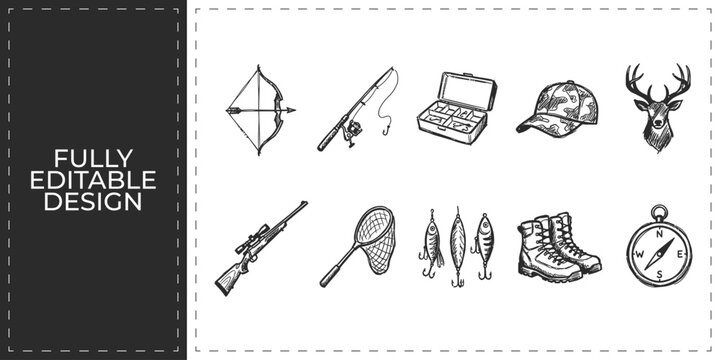 Outdoor hunting and fishing equipment icons featuring bow arrow fishing rod laptop and deer head for adventure hobby and sports recreation gear marketing