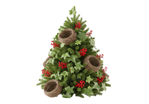 Small decorative christmas tree with nests isolated on transparent background