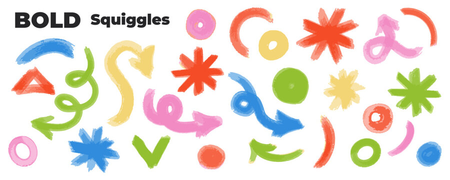 Vibrant, funky, bold, squiggly arrows, stars and a set of dots. Curved marker lines and decorative arrow brush strokes for banners, prints or collages.