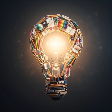 Conceptual Glowing Lightbulb Shape Formed From Pencils Books Rulers Compass Notebooks and Globe Floating Against Dark Background Symbolizing Knowledge Education Ideas and Creativity