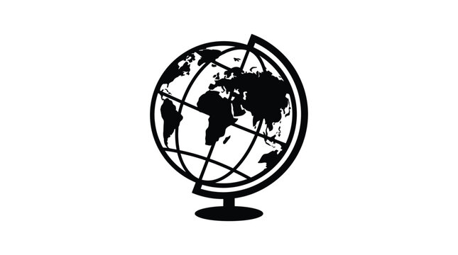 A terrestrial globe with continental outlines and meridian lines depicted as a black silhouette world geography