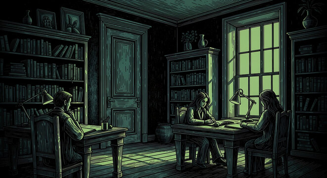 Eerie study room with ghostly figures working at antique desks by dim library windows isolated on a transparent background