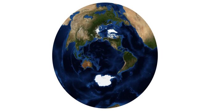 Animated projection of Earth's longitude shift rotation. Detailed physical map in Airy azimuthal view. High-resolution globe visualization. June View. Elements of this video furnished by NASA.