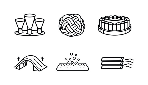 Line style icons of air-scrubbing CO₂ stations: intake cones, filter matrix knot, adsorption cartridge ring, airflow-divider