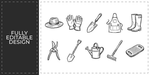Gardening tools and backyard maintenance icons featuring hat gloves shovel and watering can for horticulture hobby and landscape architecture service design © Ashik  Khan