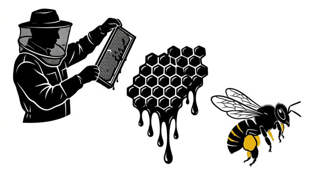 Beekeeping and honey harvesting process infographic with beekeeper silhouette inspecting hive frame honey dripping from honeycomb cell grid and flying worker bee vector illustration