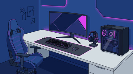 Modern gaming room setup with purple neon lighting illustration © reni