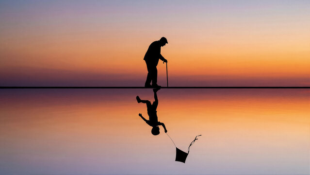 Aging is a lifelong journey where the elderly revisit lost youth and forgotten joys, shown as an old man walking with a cane whose water reflection reveals a child flying a kite at golden sunset