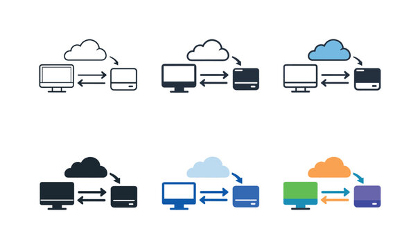Data backup illustration depicting a computer, cloud storage, external drive,