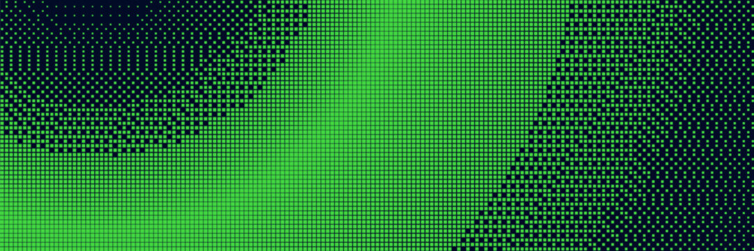 Green bitmap pixel background with gradient pattern effect and 8bit art. Glitch video game design for retro arcade or digital wallpaper. Neon disintegration effect.