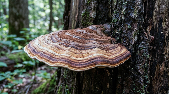 Large bracket fungus tinder polypore growing on a mossy tree trunk