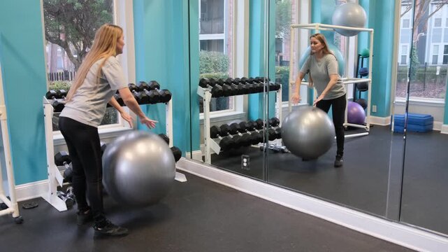 Blonde woman working out with exercise ball in gym