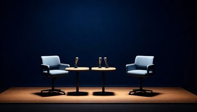 empty scene of two chairs and microphones stand in interview or podcast room isolated on dark navy background, concept of silence after the hubbub, intense preparation, created with generative ai