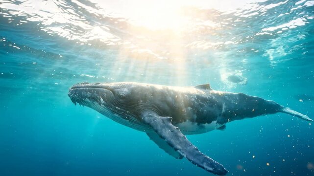 baleen whale underwater in antarctic ocean beautiful morning light composition video