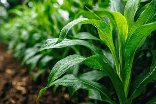 Corn field under a clear blue sky, showing the male flower (tassel) on top of the vibrant green stalks. Represents farming, pollination, and healthy crop growth