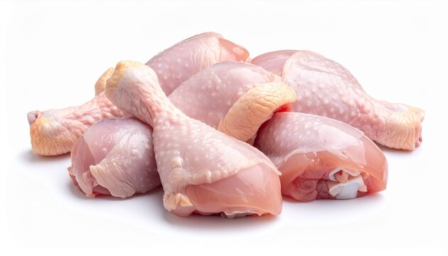 A clean arrangement of raw chicken drumsticks and thighs on a white background, emphasizing texture, freshness, and culinary preparation in a minimal food composition.