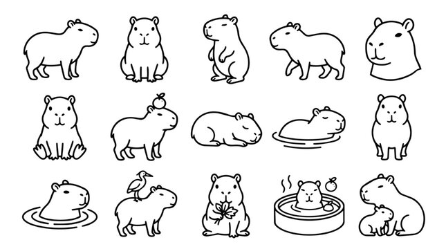 Cute capybara animal poses line art icon set