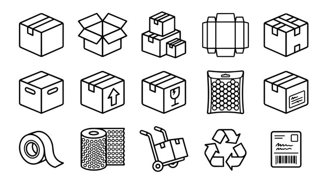 Collection of shipping and packaging supplies line icons set