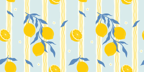 Obraz premium Italian summer seamless pattern with lemons on irregular striped background. Print for textile and tablecloth. Mediterranean citrus fruits design. Italian vacation aesthetic. Vector illustration