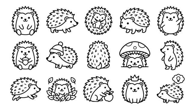 Set of charming hedgehog icons in different actions