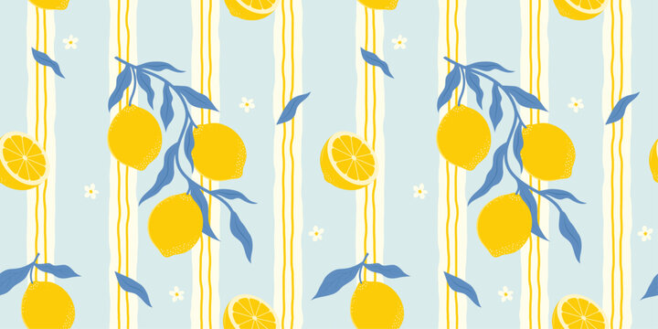 Italian summer seamless pattern with lemons on irregular striped background. Print for textile and tablecloth. Mediterranean citrus fruits design. Italian vacation aesthetic. Vector illustration