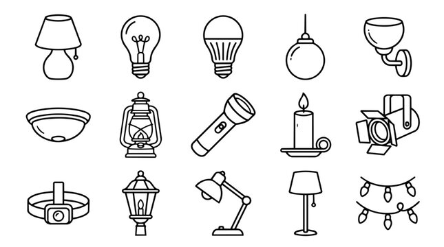 Outline icons of various lighting fixtures and lamps