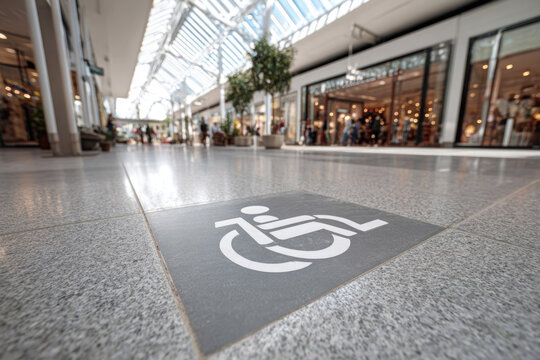 Blue Disability Access Ramp Sign in Front of Market Village Shopping Mall at Night. High quality photo