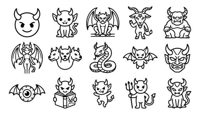 Set of diverse demon and devil line art icons