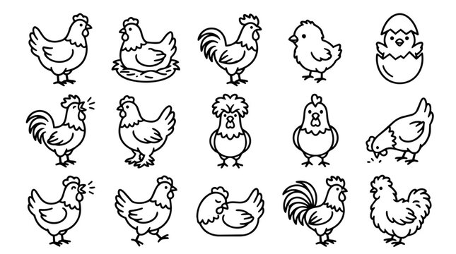 Set of outline cartoon chickens, roosters, hens, and chicks