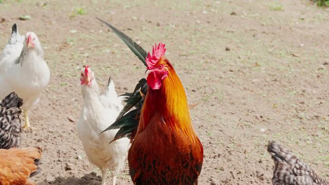 A black-and-red rooster with beautiful plumage and a red comb walks on green grass, followed by white, red, and Gray hens. Rural setting