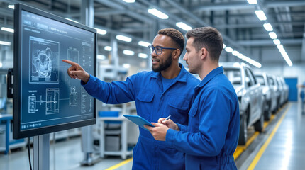 Fototapeta premium Automotive engineers analyzing digital blueprints on large touchscreen monitor at vehicle assembly plant. Professional technicians collaborating on car manufacturing process 