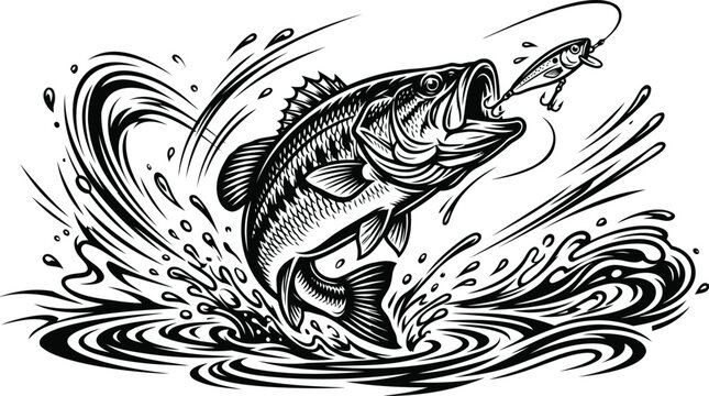 Large bass fish jumping out of water with fishing lure