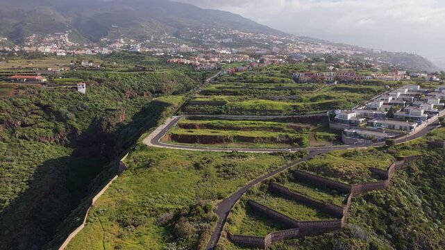 Aerial drone footage of the stunning coastal cliffs of Santa Ursula in North Tenerife, Spain, overlooking the Atlantic Ocean
