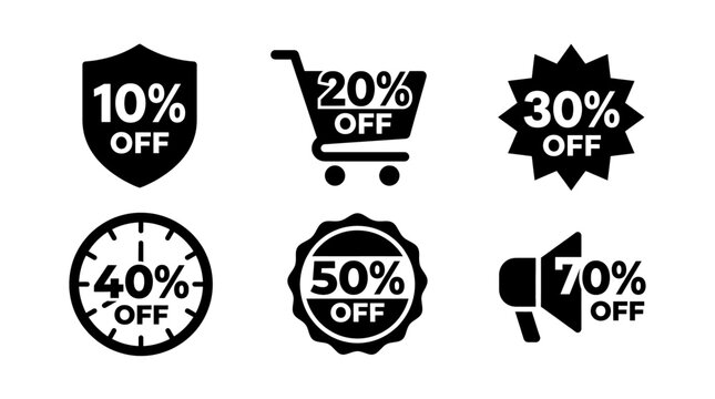 Collection of discount offer icons with percentages from 10% to 70% off