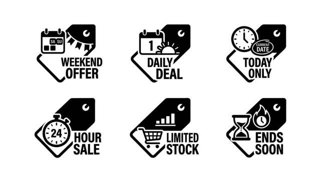 Collection of promotional sale and offer icons, conveying urgency and limited availability.