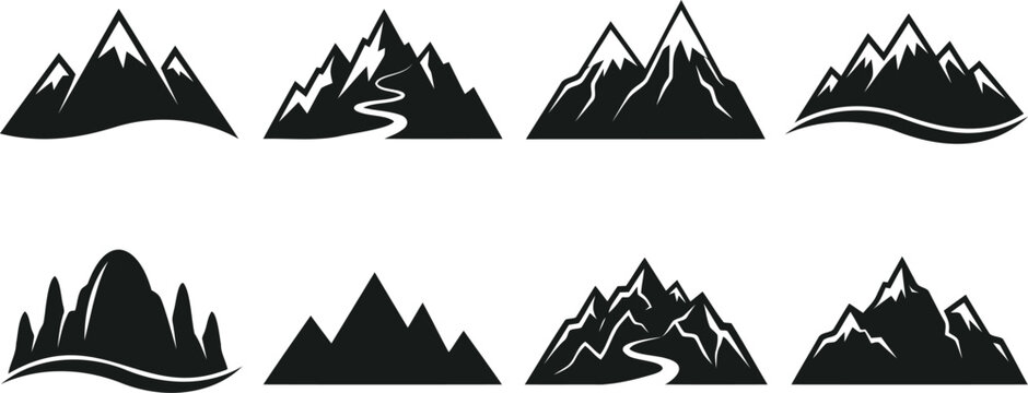 Set of black mountain icons and nature landscape symbols